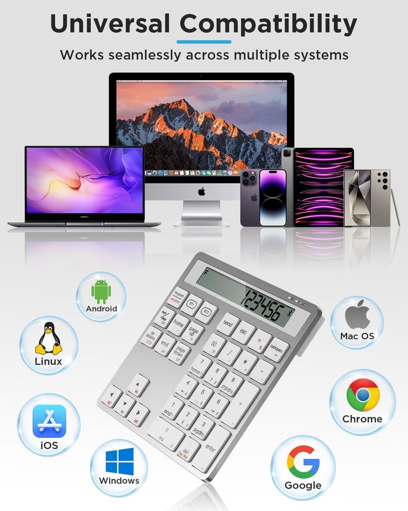 HoRiMe Number Pad for Laptop - Rechargeable Wireless Number Keypad 34 Keys with Dual Bluetooth, 2 in 1 Numeric Keypad Calculator with Display - Portable Slim Numpad for Windows, Mac, iMac, PC, Tablet - Image 3